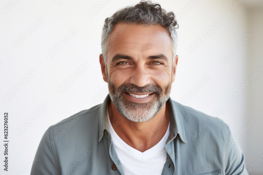 Fototapeta premium Portrait of handsome mature man smiling at camera in a white room