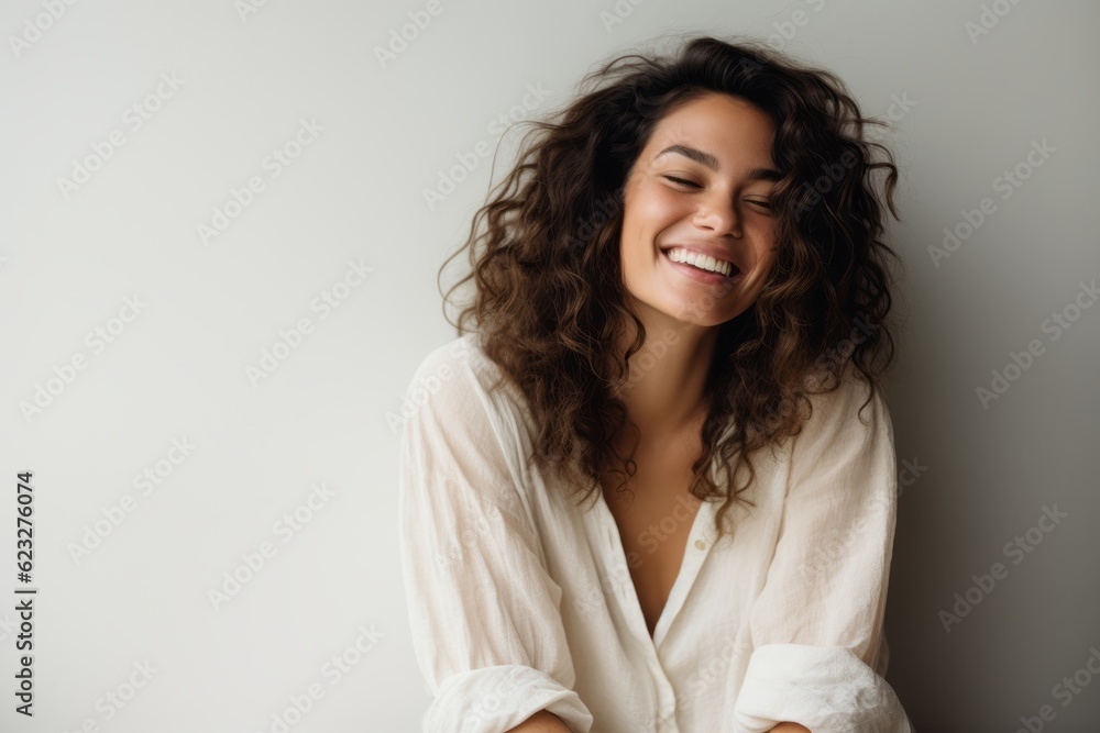 Portrait of a smiling young woman with curly hair in bathrobe Portrait of a smiling young woman with curly hair in bathrobe