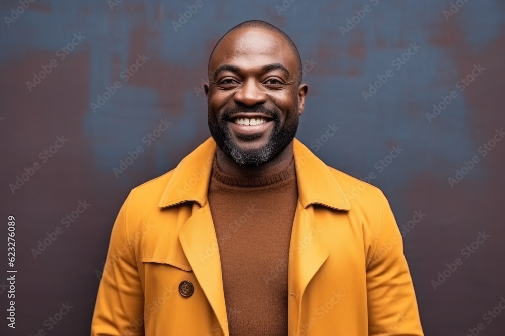 Cheerful african american man in yellow coat smiling at camera Cheerful african american man in yellow coat smiling at camera