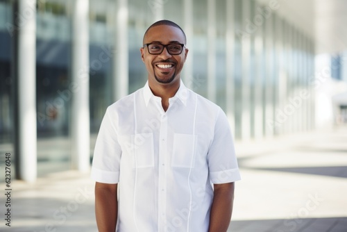 Portrait of smiling african american man with eyeglasses standing outdoors