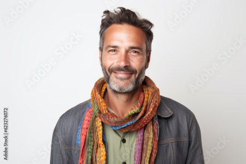 Portrait of a handsome middle-aged man with a beard and a colorful scarf.