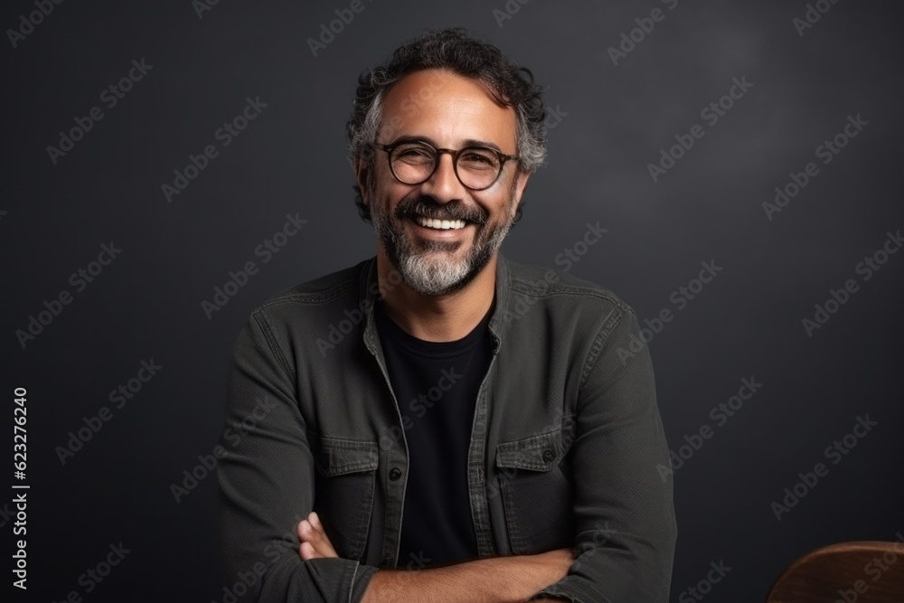 Portrait of a handsome Indian man wearing glasses, smiling and looking at camera while standing against black background Portrait of a handsome Indian man wearing glasses, smiling and looking at camera while standing against black background