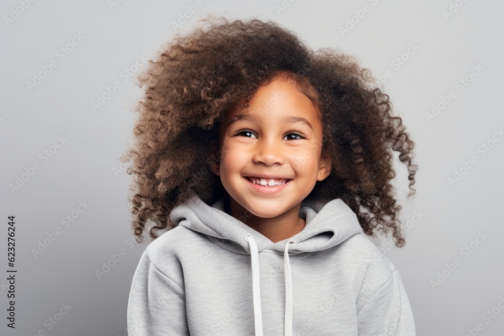 Portrait of a smiling little african american girl in hoodie on grey background Portrait of a smiling little african american girl in hoodie on grey background