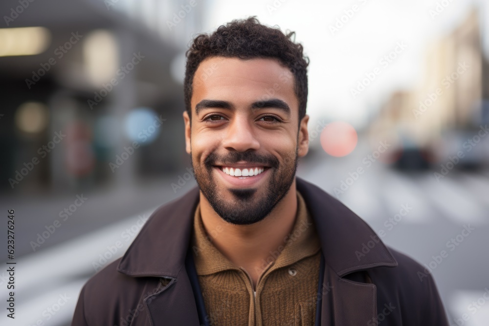 Fototapeta premium Portrait of a handsome young latin man smiling in the city