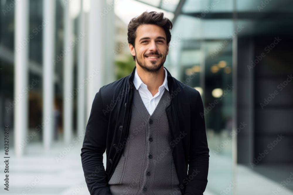 Portrait of handsome young businessman standing in front of modern office building Portrait of handsome young businessman standing in front of modern office building