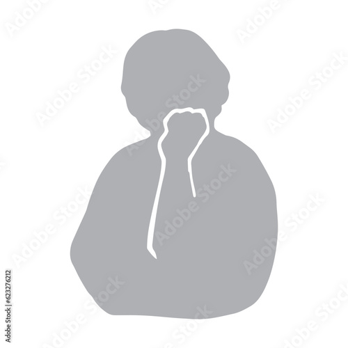 頬杖をついて物思いにふけるマチュア・シニア世代女性のシルエットイラスト　グレー