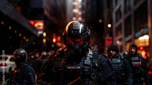 Mehrere futuristische Soldatn stehen nachts vor der Skyline einer Stadt, generative AI © Daniel