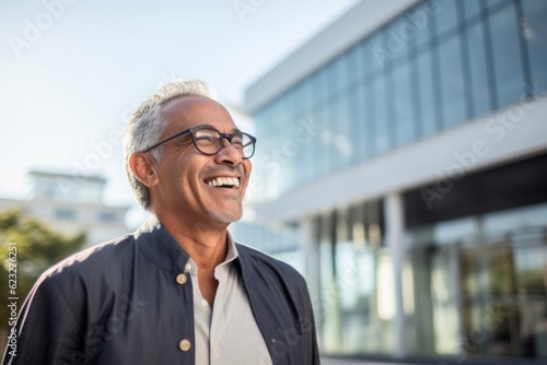 Portrait of happy mature businessman with eyeglasses standing in city