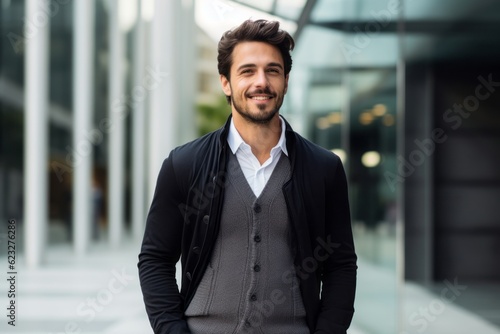 Portrait of handsome young businessman standing in front of modern office building