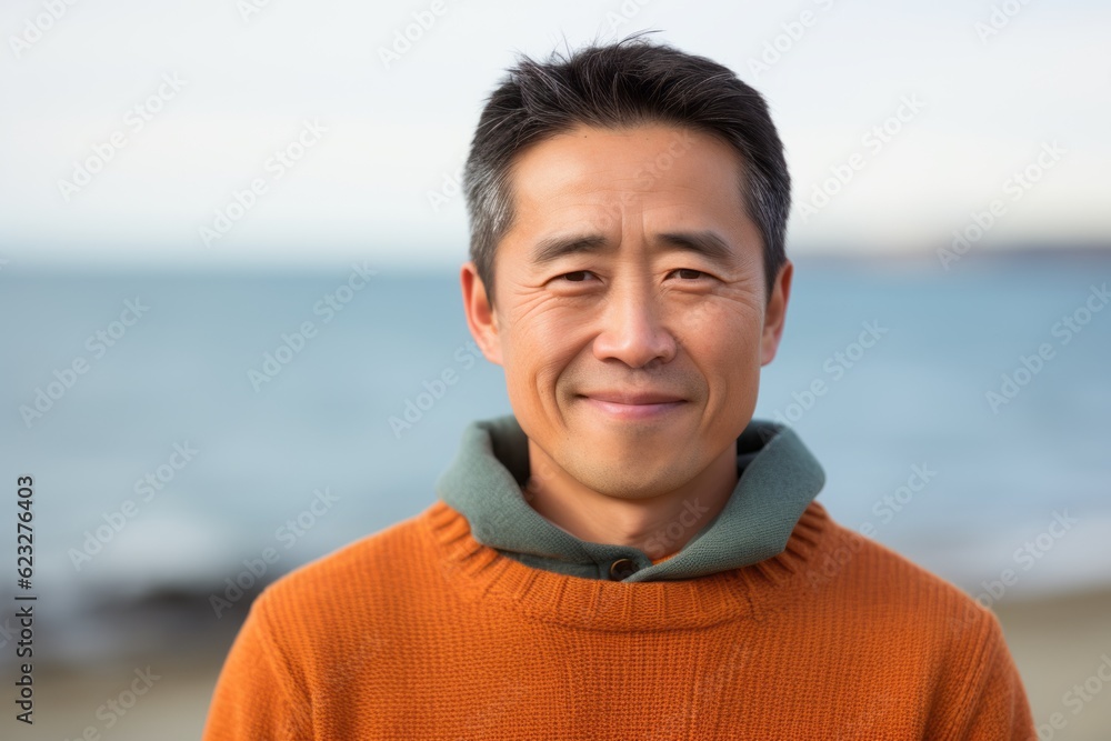 Asian man in orange sweater smiling at the camera on the beach. Asian man in orange sweater smiling at the camera on the beach.