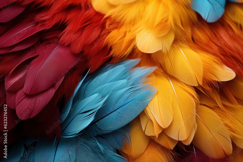 Fototapeta premium Colorful of Scarlet macaw bird's feathers with red yellow orange and blue shades, exotic nature background and texture