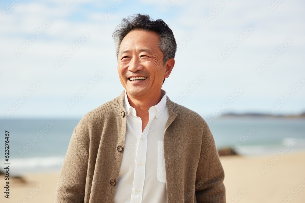 Portrait of happy senior man standing on the beach, looking at camera