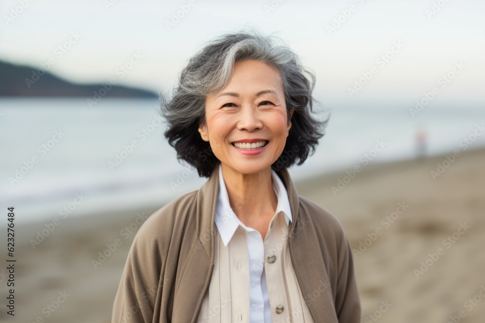 Portrait of senior asian woman smiling at camera on the beach Portrait of senior asian woman smiling at camera on the beach