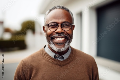 Close up portrait of a handsome mature African American man wearing eyeglasses and smiling at the camera