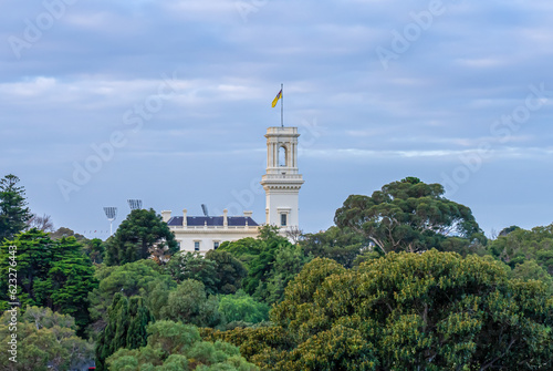 View of gardens surrounding the Government House in Melbourne, Australia. Located in the Kings Domain Park. photo
