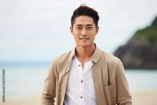 Handsome young man standing on the beach  looking at camera