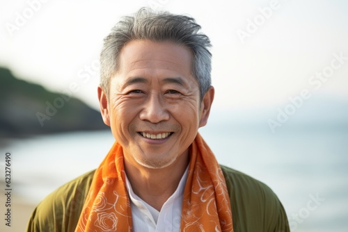 Portrait of happy Asian senior man smiling and looking at camera on the beach