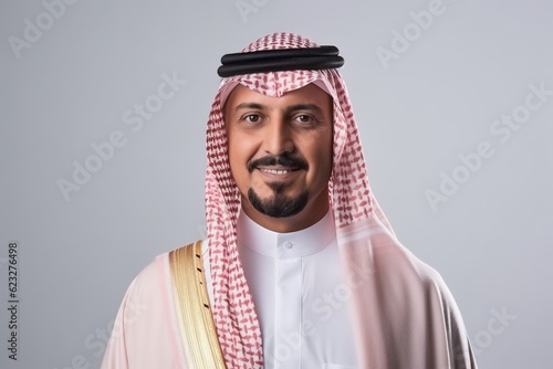 Portrait of a smiling arabian man over gray background.