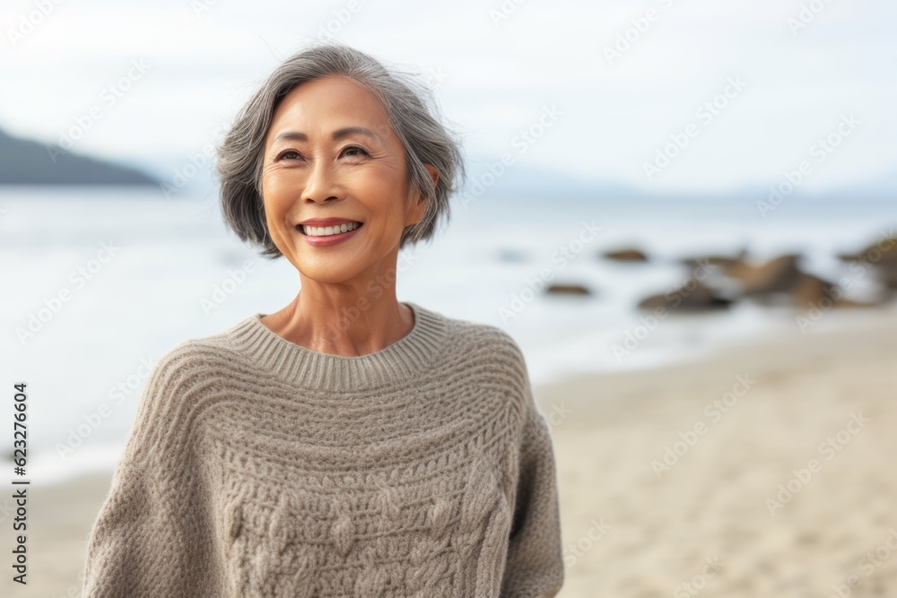 Portrait of a happy senior woman smiling at the camera while standing on the beach Portrait of a happy senior woman smiling at the camera while standing on the beach
