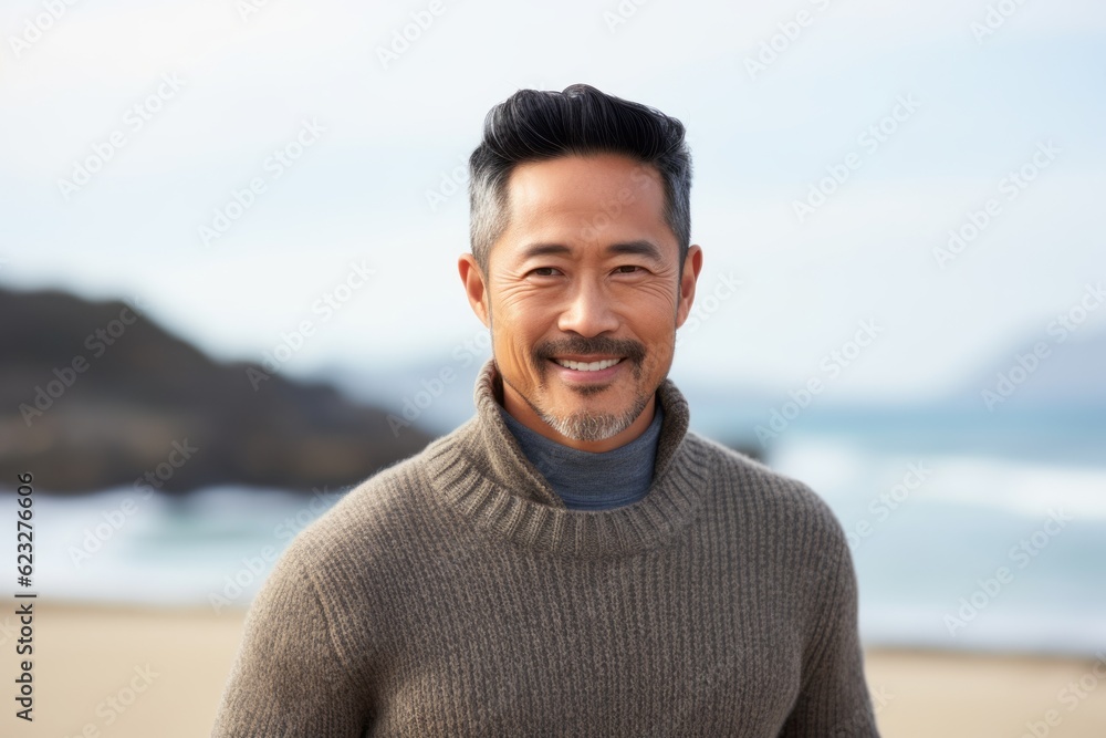Portrait of smiling asian man standing on beach with ocean in background Portrait of smiling asian man standing on beach with ocean in background