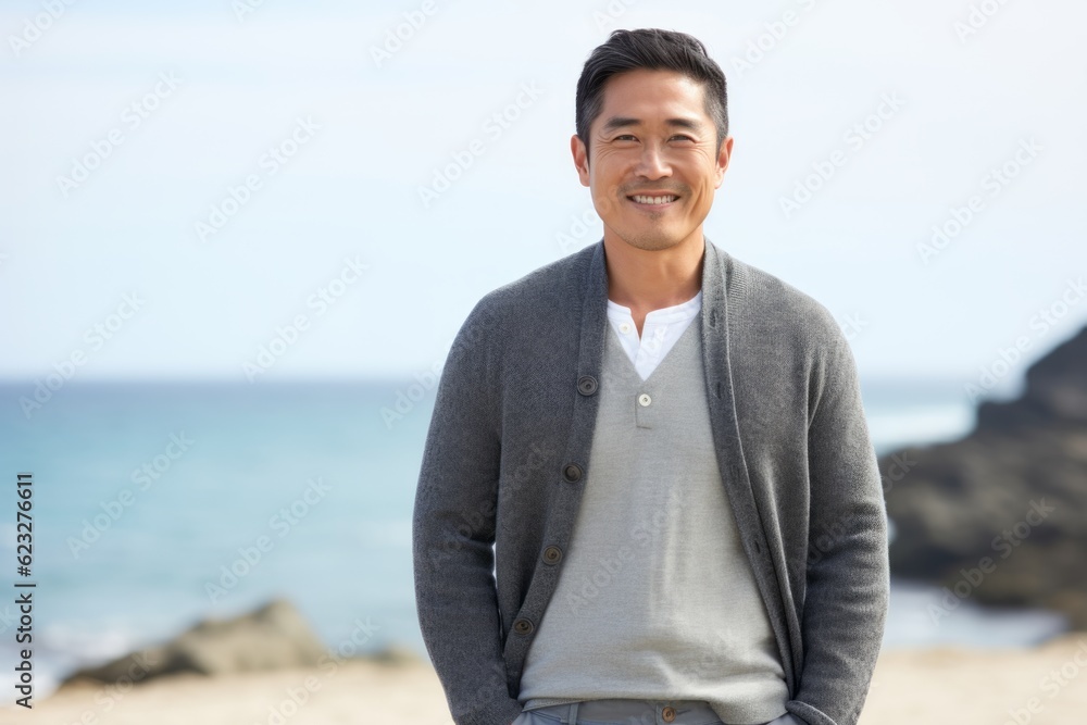 Portrait of a smiling asian man standing on the beach at the day time Portrait of a smiling asian man standing on the beach at the day time