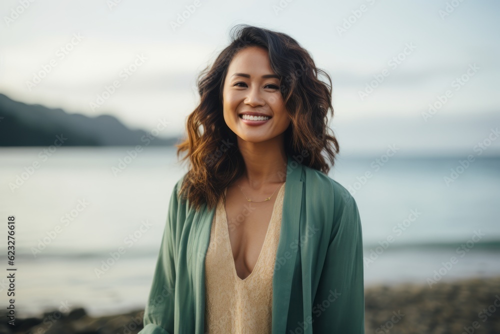 beautiful smiling asian woman looking at camera on seashore beautiful smiling asian woman looking at camera on seashore