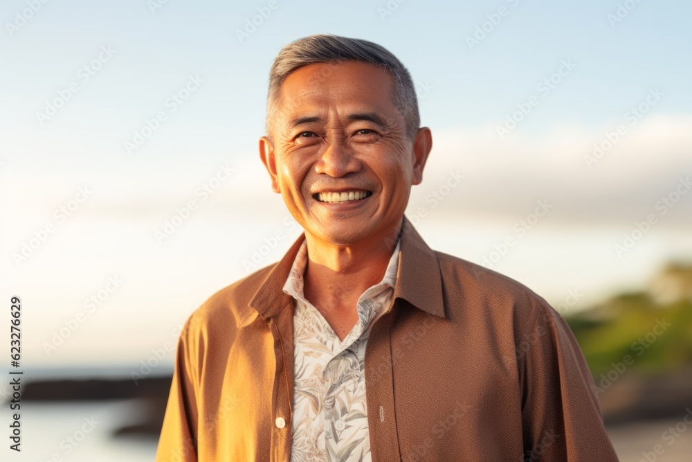 Portrait of a happy mature asian man smiling at the beach Portrait of a happy mature asian man smiling at the beach