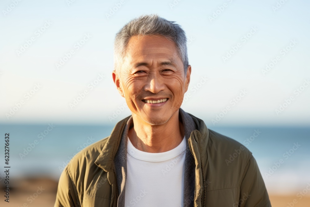 asian senior man smiling on the beach in autumn season, asian asian senior man smiling on the beach in autumn season, asian