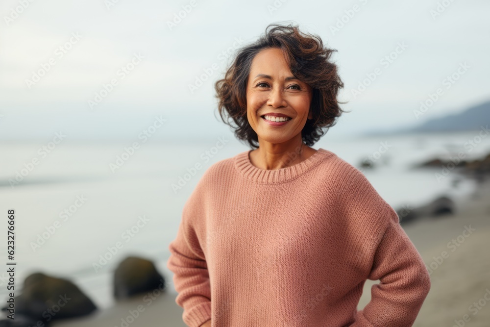 Portrait of smiling mature woman standing on beach with hands on hips Portrait of smiling mature woman standing on beach with hands on hips