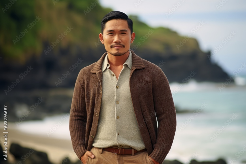 Handsome asian man standing on the beach, looking at camera