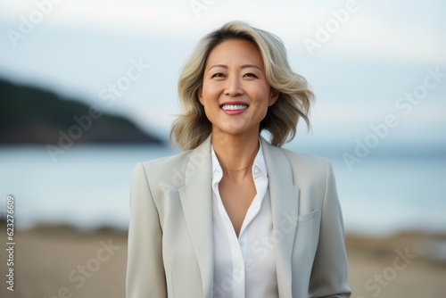 happy middle aged woman in beige suit walking on beach at seaside © Anne Schaum