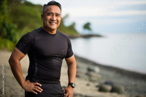 Portrait of happy mature Asian man in wetsuit standing on beach