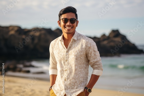 Handsome young Indian man standing on the beach and looking at camera