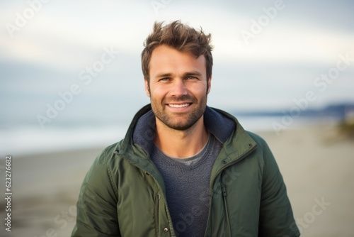 Portrait of a handsome man smiling at camera on the beach in autumn