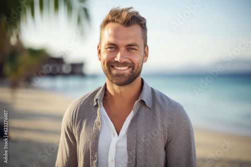 Portrait of handsome young man smiling at camera on the beach.