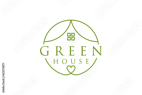 Green house logo design love roof home shape line stye leaf environment icon symbol