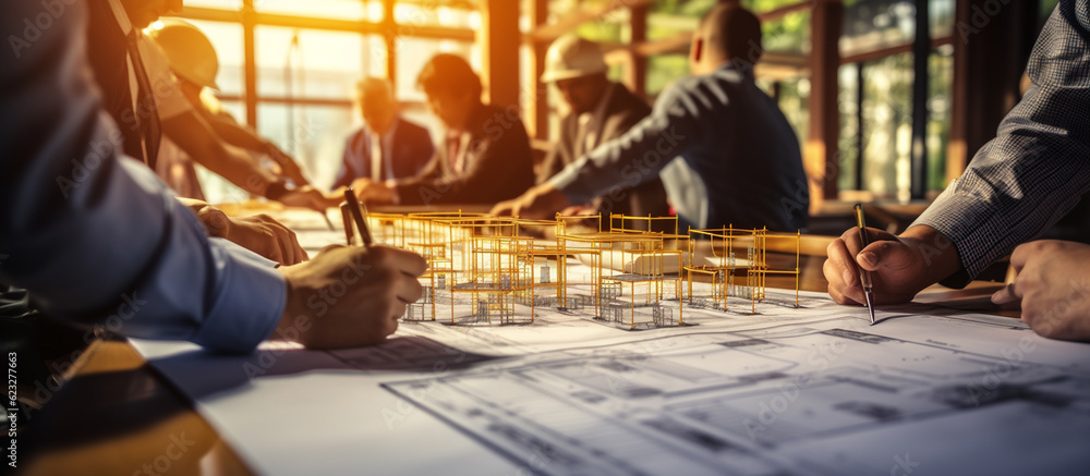 Architects and Engineers Discussing at Table. Construction concept. Architects and Engineers Discussing at Table. Construction concept.