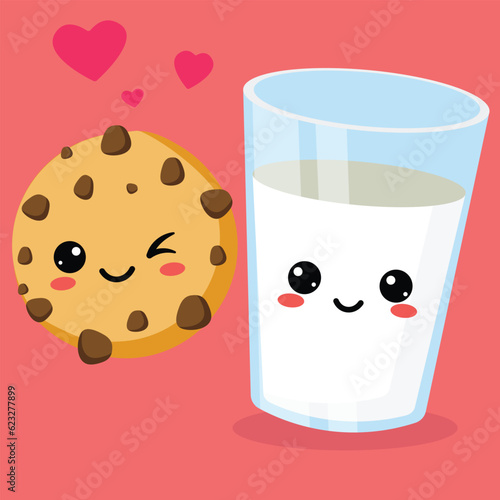 smiling cartoon milk glass and chocolate chip cookies vector character illustration
