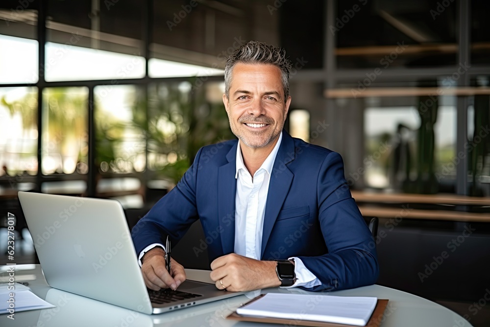 Smiling mature adult business man executive sitting at desk using laptop. Happy busy professional mid aged businessman ceo manager working on computer corporate technology in office Smiling mature adult business man executive sitting at desk using laptop. Happy busy professional mid aged businessman ceo manager working on computer corporate technology in office