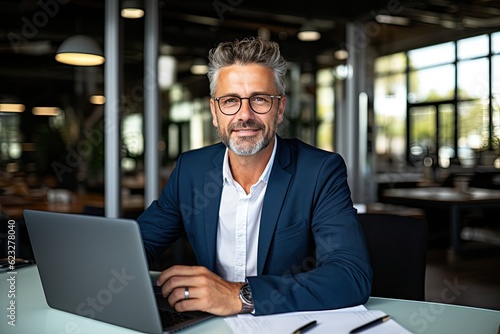 Fotótapéta Smiling mature adult business man executive sitting at desk using laptop