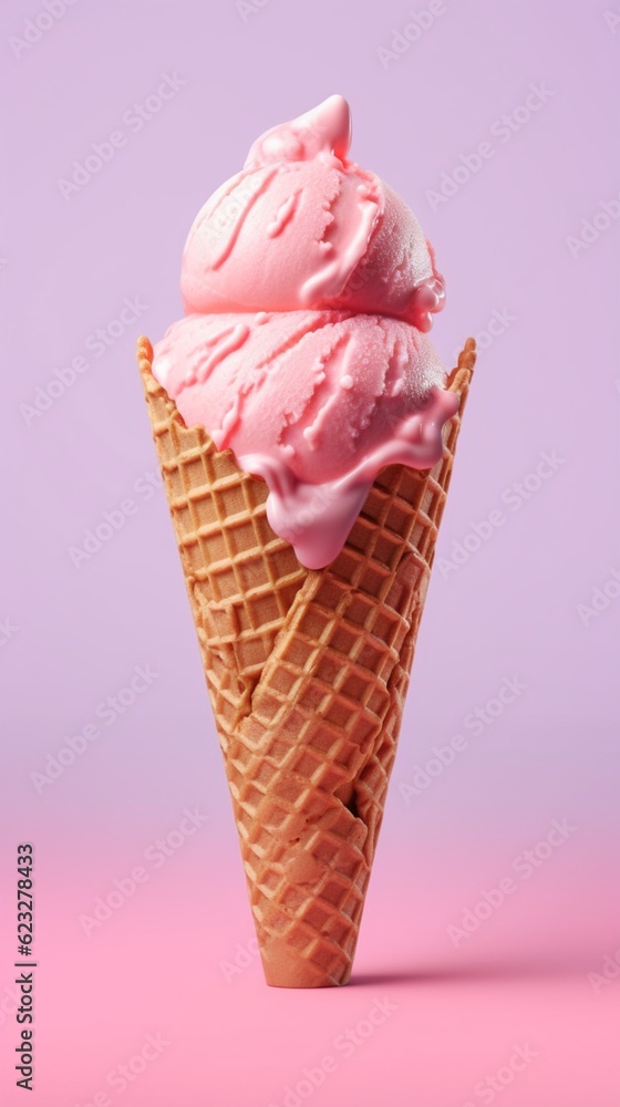 Ice cream cone waffle with strawberry topping background. AI Generated Ice cream cone waffle with strawberry topping background. AI Generated