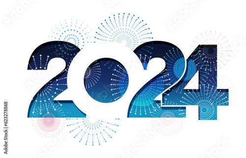 The Year 2024 New Year’s Greeting Symbol Logo Decorated With Fireworks. Vector Illustration Isolated On A White Background. 