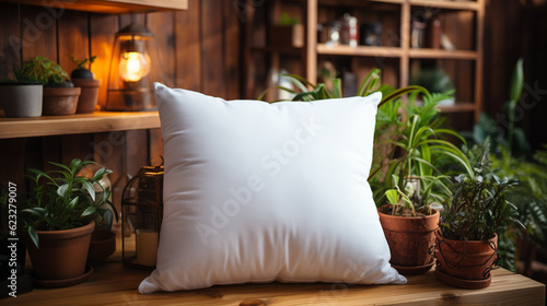 fresh white cushion on a mockup wooden platform, generative ai