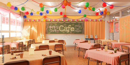 賑やかに飾り付けられた文化祭当日の教室 / スクールイベント・学園ロケーション・青春とノスタルジーのコンセプトイメージ / 3Dレンダリング