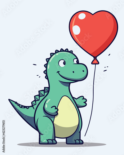 Cute green dinosaur with heart shaped red balloon. vector cartoon illustration isolated on light blue background, dinosaur and elements on separate layers, Happy birthday clipart  © Mrt