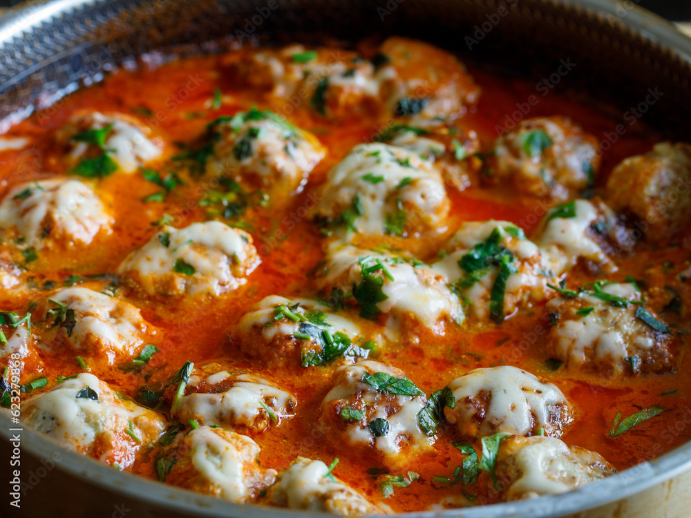 Chicken meatballs in sweet and sour tomato sour cream sauce with herbs in pan. Top view, close up Chicken meatballs in sweet and sour tomato sour cream sauce with herbs in pan. Top view, close up