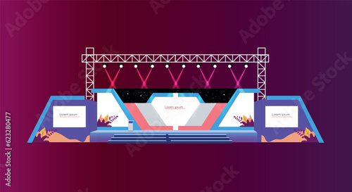 Event Stage design for business conferences, and corporate projects presentations, with slides on projection screens. truss and Light