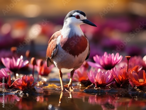 African jacana, Actophilornis africana, colorful african wader with long toes next to violet water lily in shallow water of seasonal lagoon, Botswana,Okavango delta. Bird with flower bloom photo