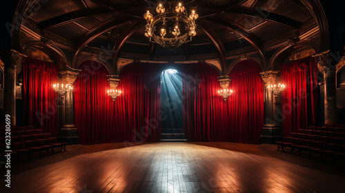 theater stage, with red curtain, wooden floor, chairs and lighting AI generative