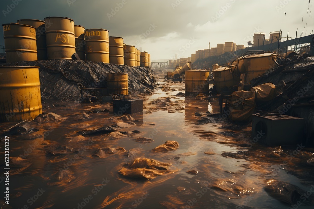 A hazardous waste disposal site with barrels and containers, illustrating the improper handling and disposal of toxic materials.  - obrazy, fototapety, plakaty 